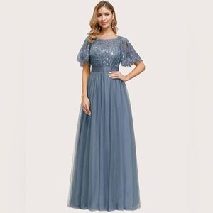 Ever Pretty Embroidery & Sequin Bodice Mesh Prom Dress